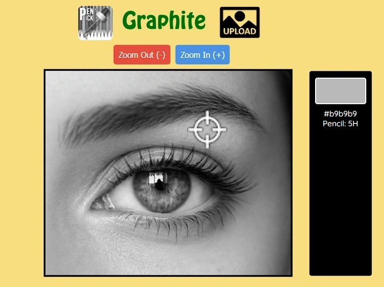 image showing monochrome reference photo of an eye and graphite pencils suggested by PenPick application.