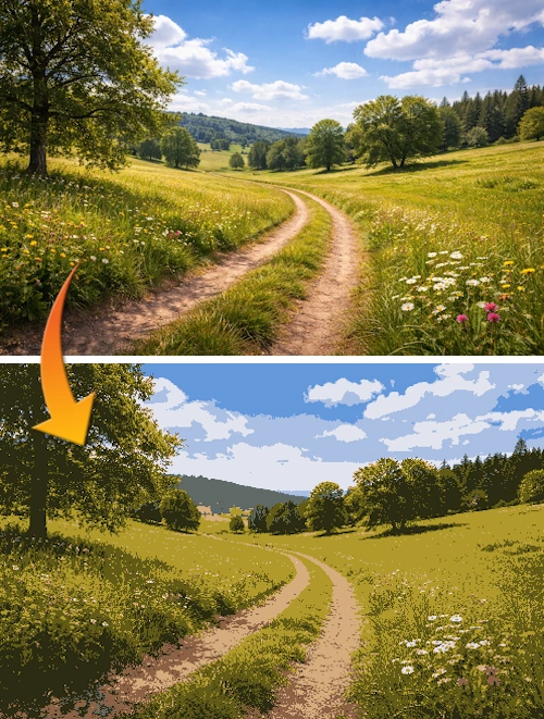 Reference photo transformed into value map underpainting using online color value finder tool for mobiles.